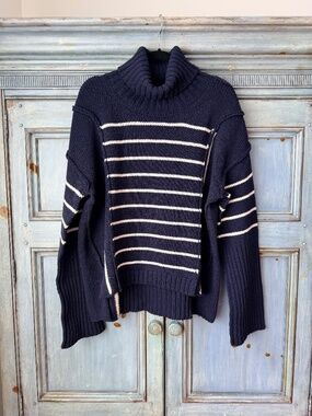 G Label Wille Striped High Cuff Turtleneck Wool Sweater S Navy